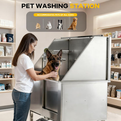 50" Dog Bathtub Professional 304 Stainless Steel – Right Door/Ramp, Faucet & Floor Grate, Pet Grooming Washing Station for Large/Medium/Small Pets