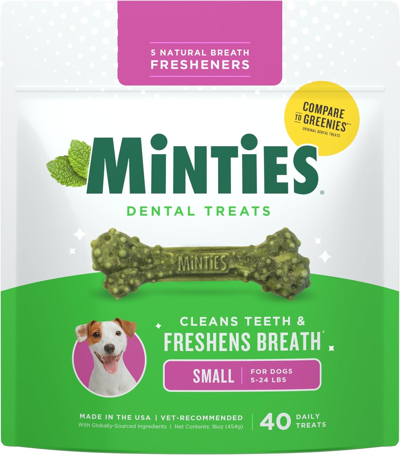 Minties Dog Dental Bone Treats, Tiny/Small Dental Dog Treats, 16 Ounces, Cleans Teeth, Fight Bad Breath, Removes Plaque and Tartar, 16 Count