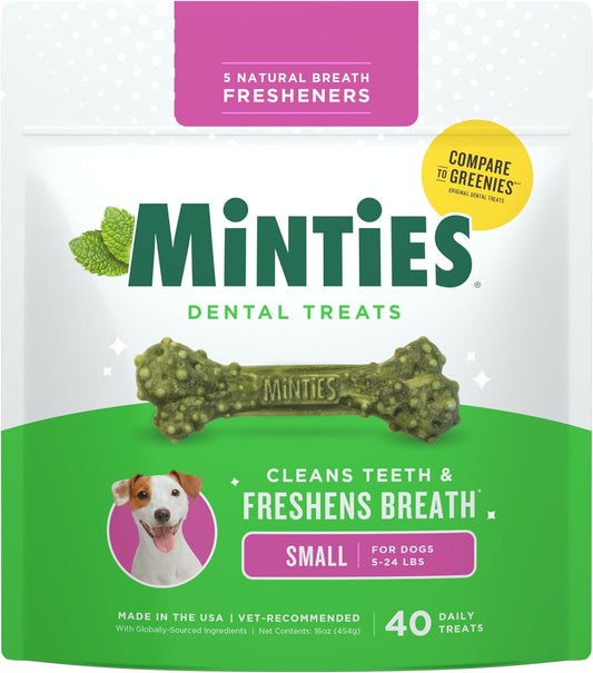 Minties Dog Dental Bone Treats, Tiny/Small Dental Dog Treats, 16 Ounces, Cleans Teeth, Fight Bad Breath, Removes Plaque and Tartar, 16 Count
