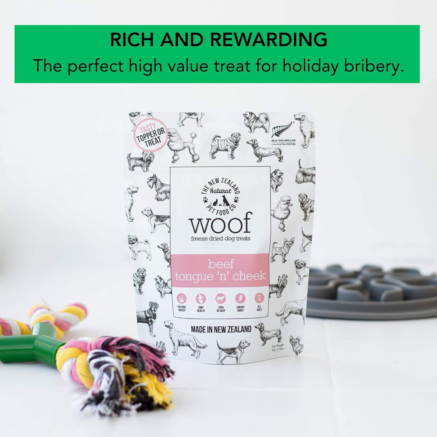 The New Zealand Natural Pet Food Co. – Freeze-Dried Holiday Pet Essentials Bundle (5 Items) – Venison, Brushtail, Tripe Topper, Beef Treats & Manuka Wipes