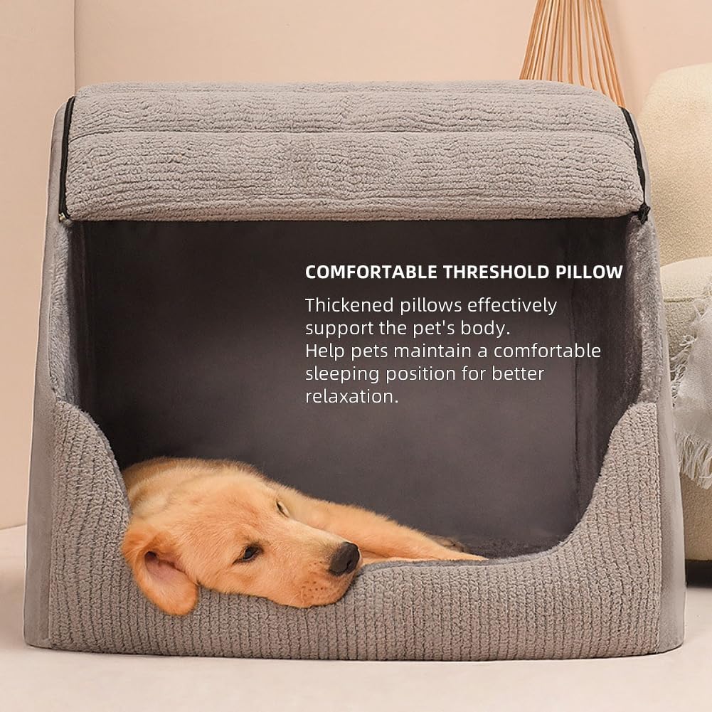 Extra Large Dog Bed House, Cozy Dog House Indoor, Memory Sponge, Plush Dog Cave Bed Crate Cushion with Non-Slip Bottom for Medium Large Dogs (Grey, L)