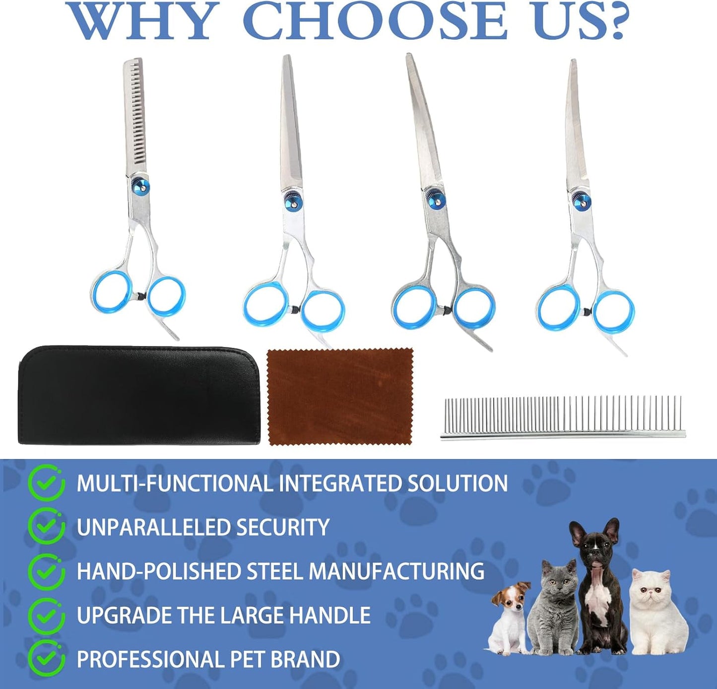 Dog Grooming Scissors, Dog Scissors for Grooming, Professional 6 in 1 Stainless Steel Heavy Duty Pet Grooming Scissors Kit for Dogs, Cats with Straight, Curved, Thinning Scissor and Comb