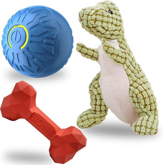 Fur4Fun Interactive Dog Toy Set - Includes Automatic Rolling Rubber Ball, Rugged Treat Play Bone and Tough Dinosaur Squeak Plush Toy. Full Play Package for Small/Medium Sized Dogs.
