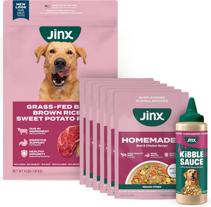 Jinx Premium Dog Food Bundle, Beef - 4lb Grain-Free Dry Dog Food, Kibble Sauce & Homemades Wet Food Pouches (9-oz)