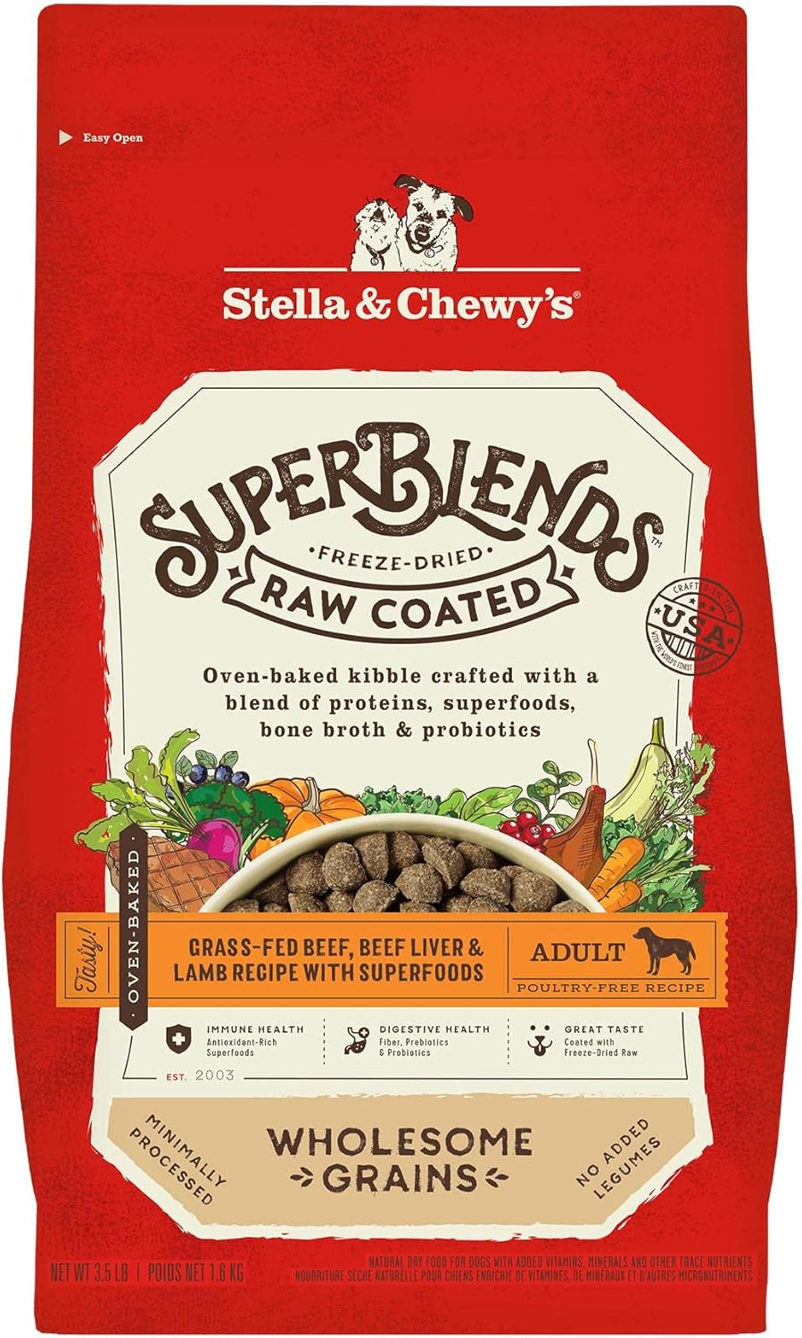Stella & Chewy's SuperBlends Raw Coated Wholesome Grains Grass-Fed Beef, Beef Liver & Lamb Recipe with Superfoods, 3.5 lb. Bag