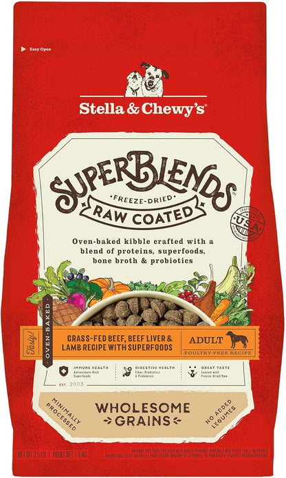 Stella & Chewy's SuperBlends Raw Coated Wholesome Grains Grass-Fed Beef, Beef Liver & Lamb Recipe with Superfoods, 3.5 lb. Bag