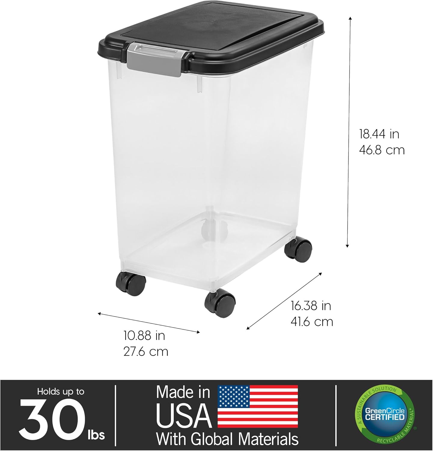IRIS USA Airtight Dog Food Storage Container, Up to 30 lbs, Attachable Wheels, for Dog Cat Bird and other Pet Food Storage Bin, Keep Fresh, Easy Mobility, BPA Free, Black