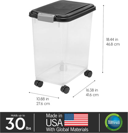 IRIS USA Airtight Dog Food Storage Container, Up to 30 lbs, Attachable Wheels, for Dog Cat Bird and other Pet Food Storage Bin, Keep Fresh, Easy Mobility, BPA Free, Black