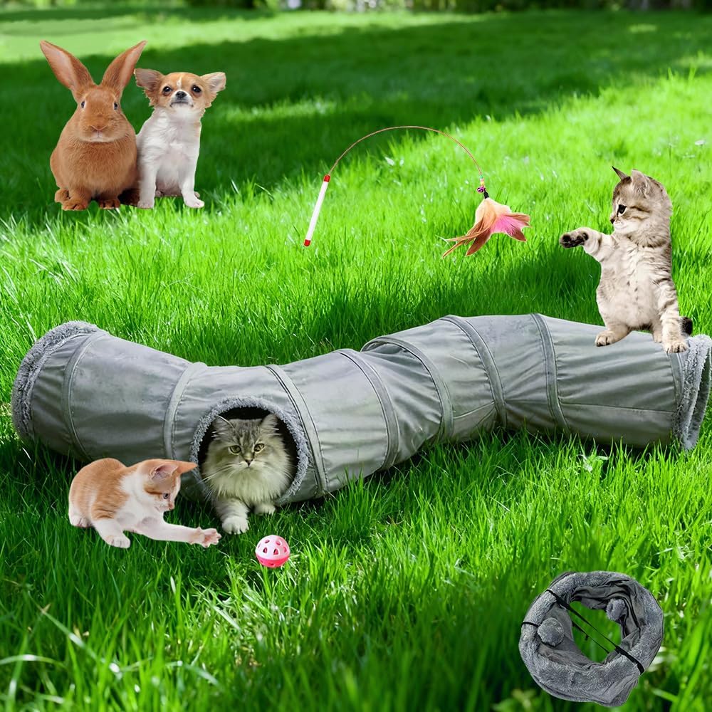 Pet Cat Tunnel Tube Toy Kit, 2 Way Grey Plush Collapsible Long Tunnels for Multi Cats Play, Interactive Maze Hideout for Puppy, Kitty, Kitten, Rabbit with Ball and Wand Toys