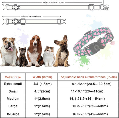 Valentines' Green Dog Collar, Cute Pink Heart Puppy Collar, Adjustable Female or Male Cotton Pet Collar, Quick Release Buckle for Small Medium Large Dog