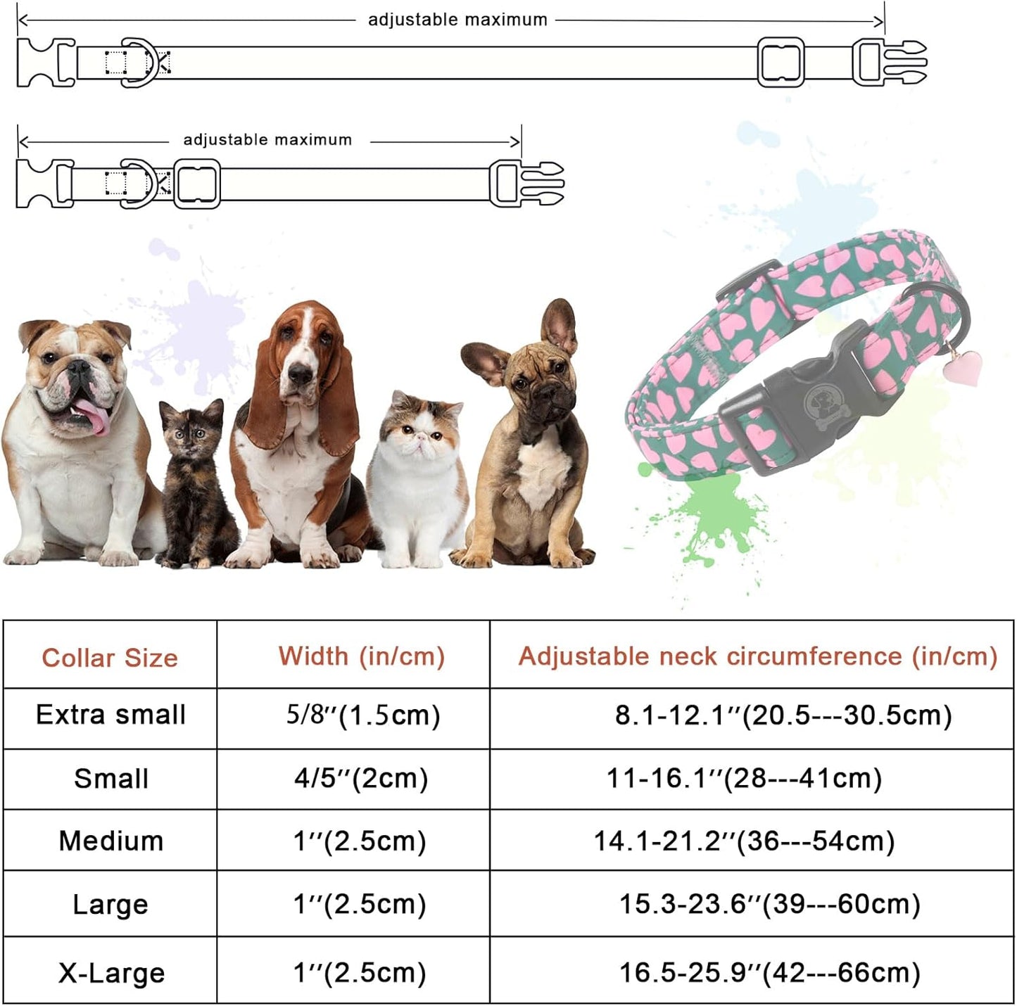 Valentines' Green Dog Collar, Cute Pink Heart Puppy Collar, Adjustable Female or Male Cotton Pet Collar, Quick Release Buckle for Small Medium Large Dog