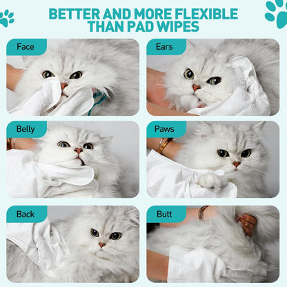 QuickClean Pet Cleaning Gloves ，Extra-Thick Pet Glove Wipes for Dogs & Cats – Gentle & Lick-Safe Dog Bath Wipes – Easy Wipe Paws, Eyes, Ears, & Body – Grooming & Deodorizing (6 Pack)