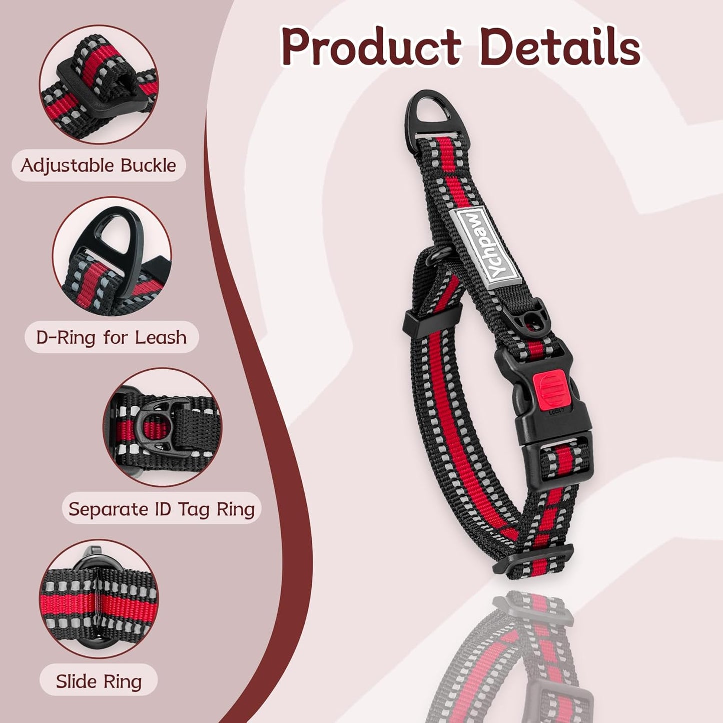 Martingale Collar for Dogs Reflective Collar with Quick Release Buckle, Adjustable Nylon Collars for No Slip Dog Collar, Red, M