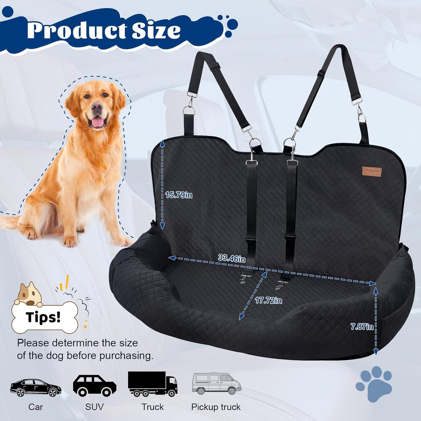 Dog Car Seat for Large/Medium Dog Pet Under 55 lbs or 2 Small Dogs Detachable Washable Travel Bed Fits Cars Trucks SUV