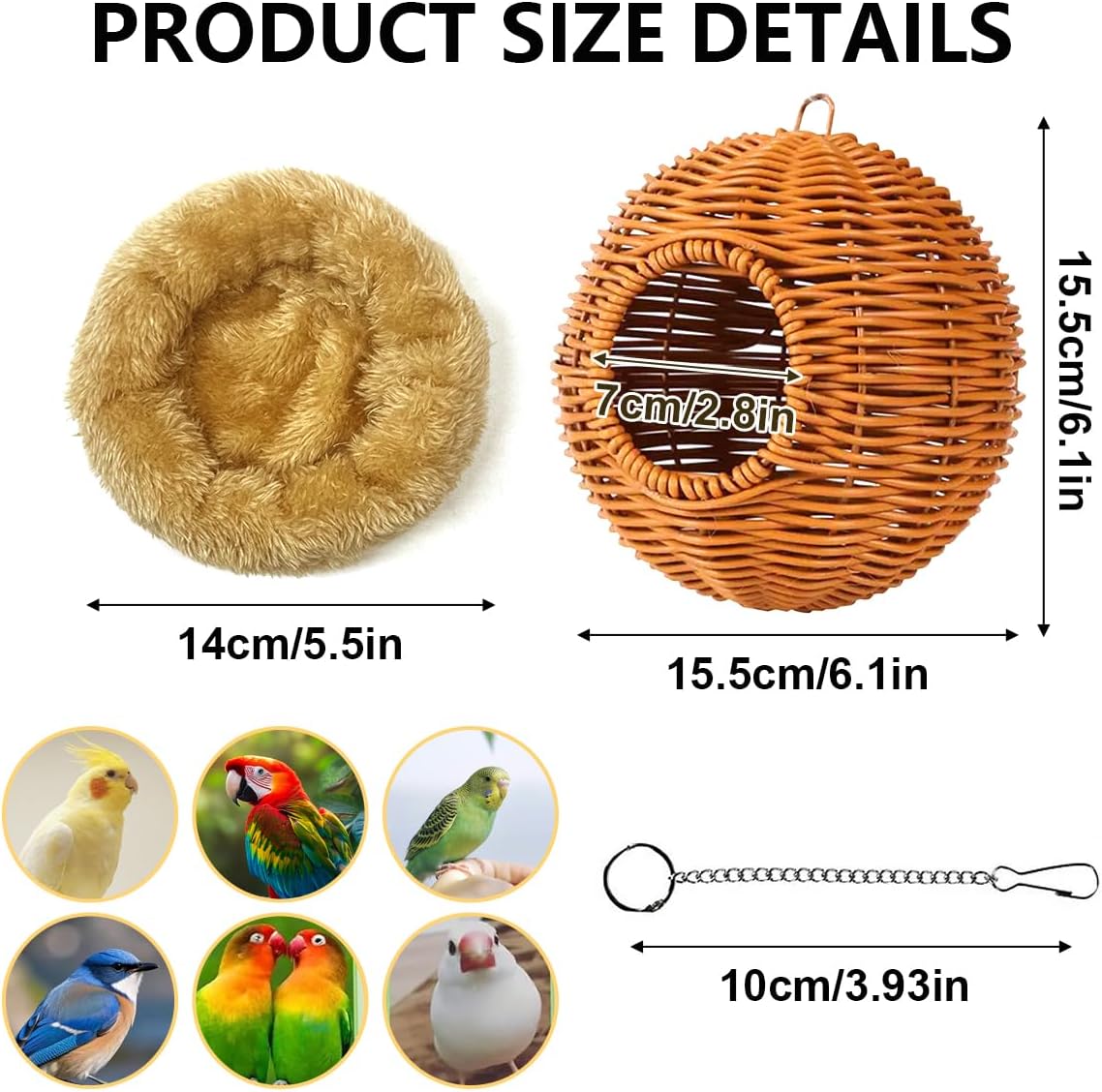 Suspended Bird Nest, Chew-Resistant Steel Frame, Breathable and Washable Small Bird Bed for Cage, Warm Nest for Canary, Lovebird, Budgie, Finch (Brown)