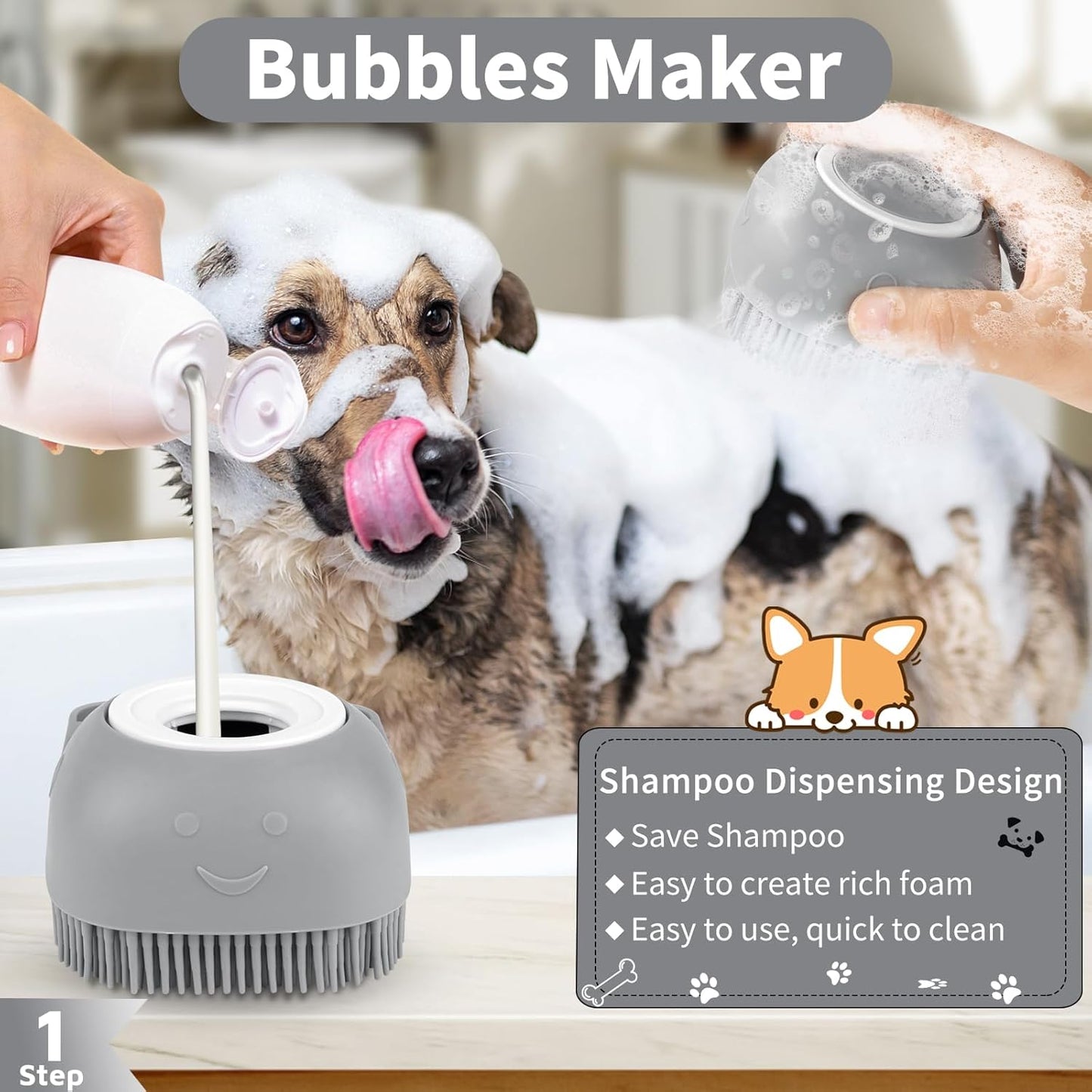 Comotech 6PCS Dog Bath Brush & Dog Toothbrush | Adjustable Handle Shampoo Brush & Scrubber for Short & Long Haired Dogs & Cats | Effectively Solve Odor & Stain Removal Problems (Gray Gray Black)