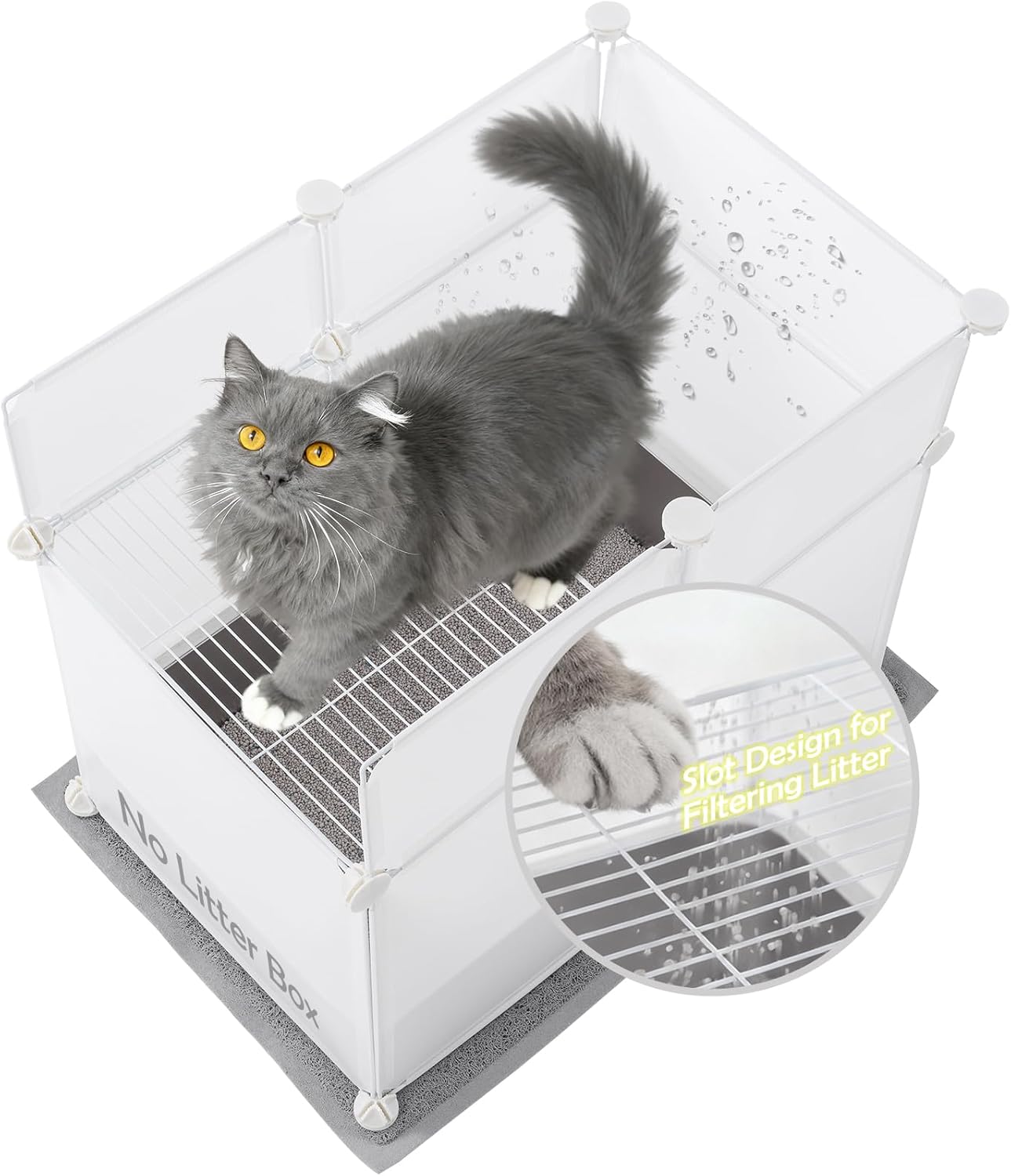 MEEXPAWS Litter Box Enclosure Splash Guard, Top Entry Cat Litter Box Shield with Slot Design Metal Grate, Dog Proof Privacy Screen Cover with Mat, Large White (24.8x16.8x23.6 Inch)
