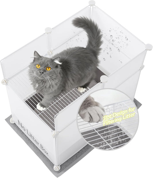 MEEXPAWS Litter Box Enclosure Splash Guard, Top Entry Cat Litter Box Shield with Slot Design Metal Grate, Dog Proof Privacy Screen Cover with Mat, Large White (24.8x16.8x23.6 Inch)