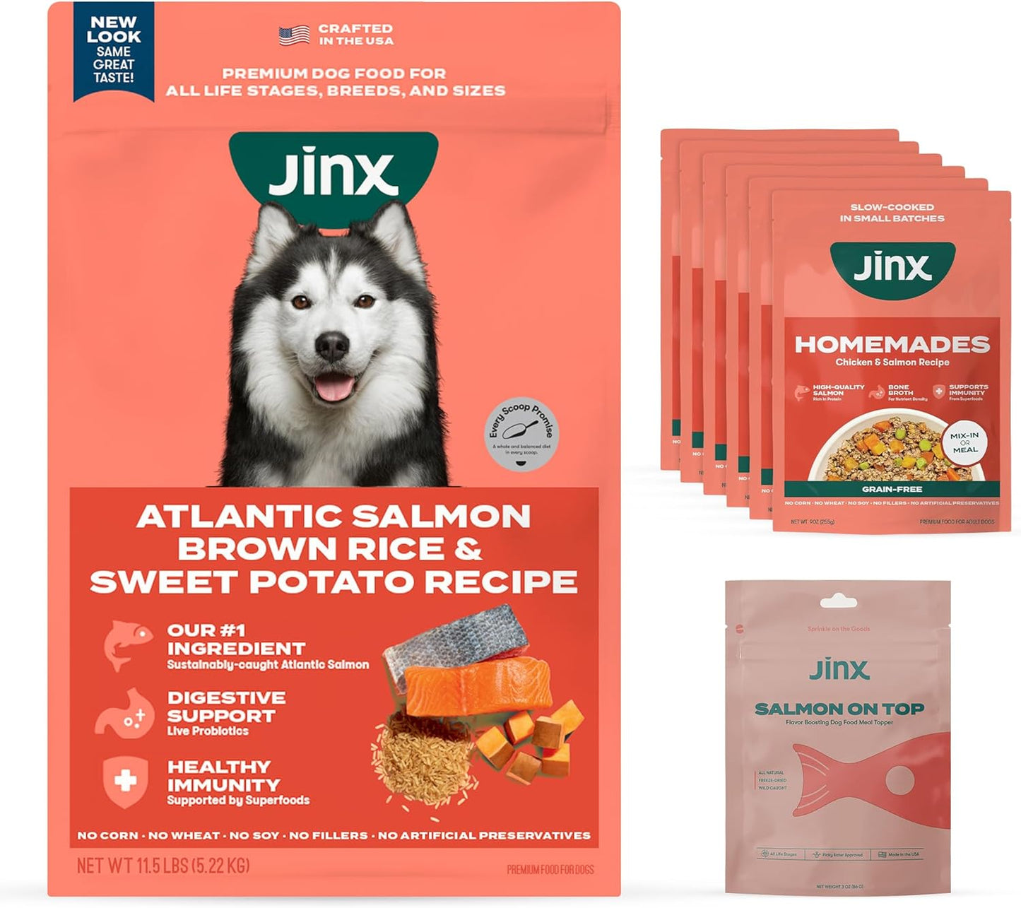 Jinx Dog Food Bundle - 11.5lb Salmon Dry Dog Food, 6-Pack Homemades Salmon Wet Topper & 3oz Freeze-Dried Meal Topper