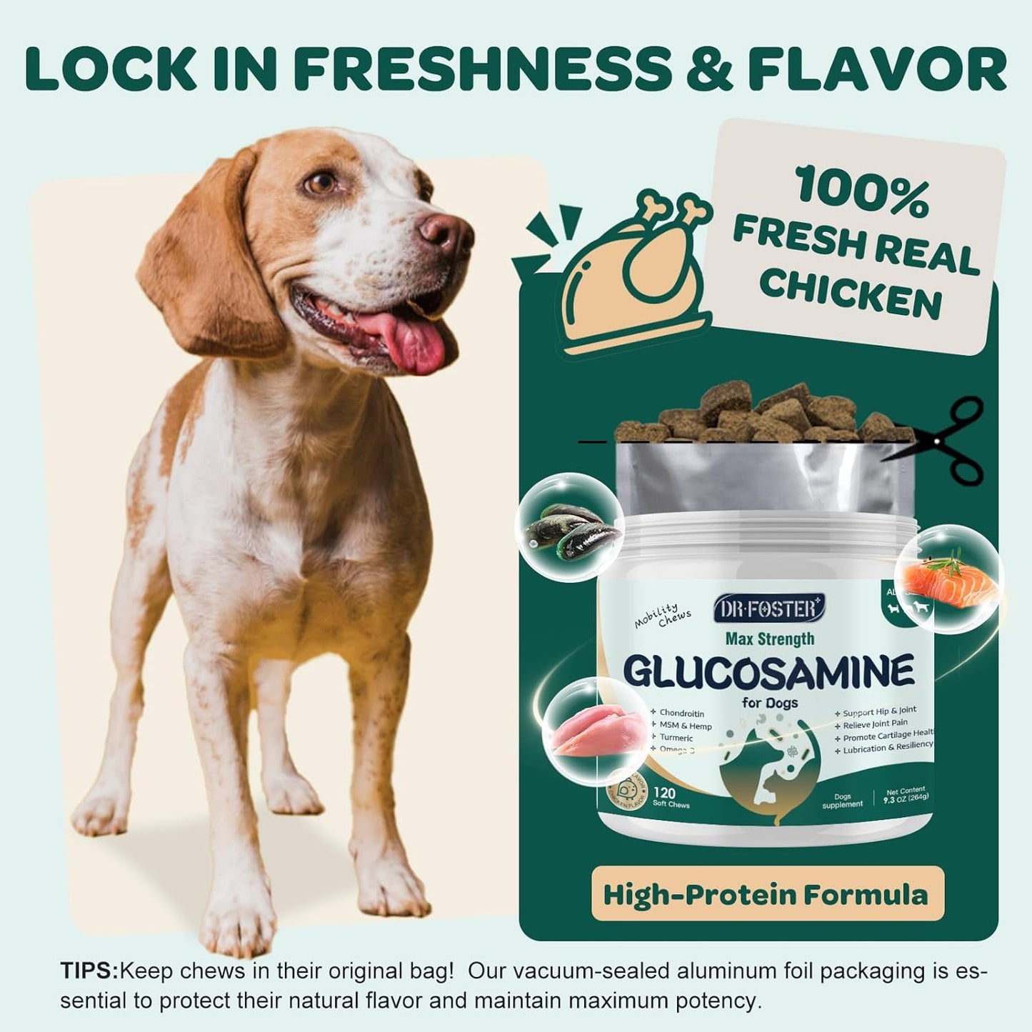 Glucosamine for Dogs, Hip and Joint Supplement for Dogs with Chondroitin, MSM, Turmeric, Omega-3 & Calcium, Dog Glucosamine Supports Pain Relief, Mobility & Comfort, Chicken Flavor, 120 Soft Chews