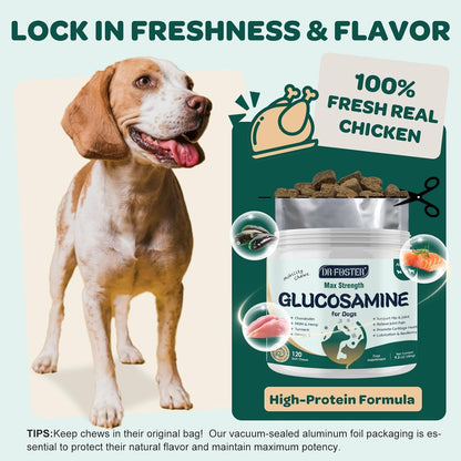 Glucosamine for Dogs, Hip and Joint Supplement for Dogs with Chondroitin, MSM, Turmeric, Omega-3 & Calcium, Dog Glucosamine Supports Pain Relief, Mobility & Comfort, Chicken Flavor, 120 Soft Chews