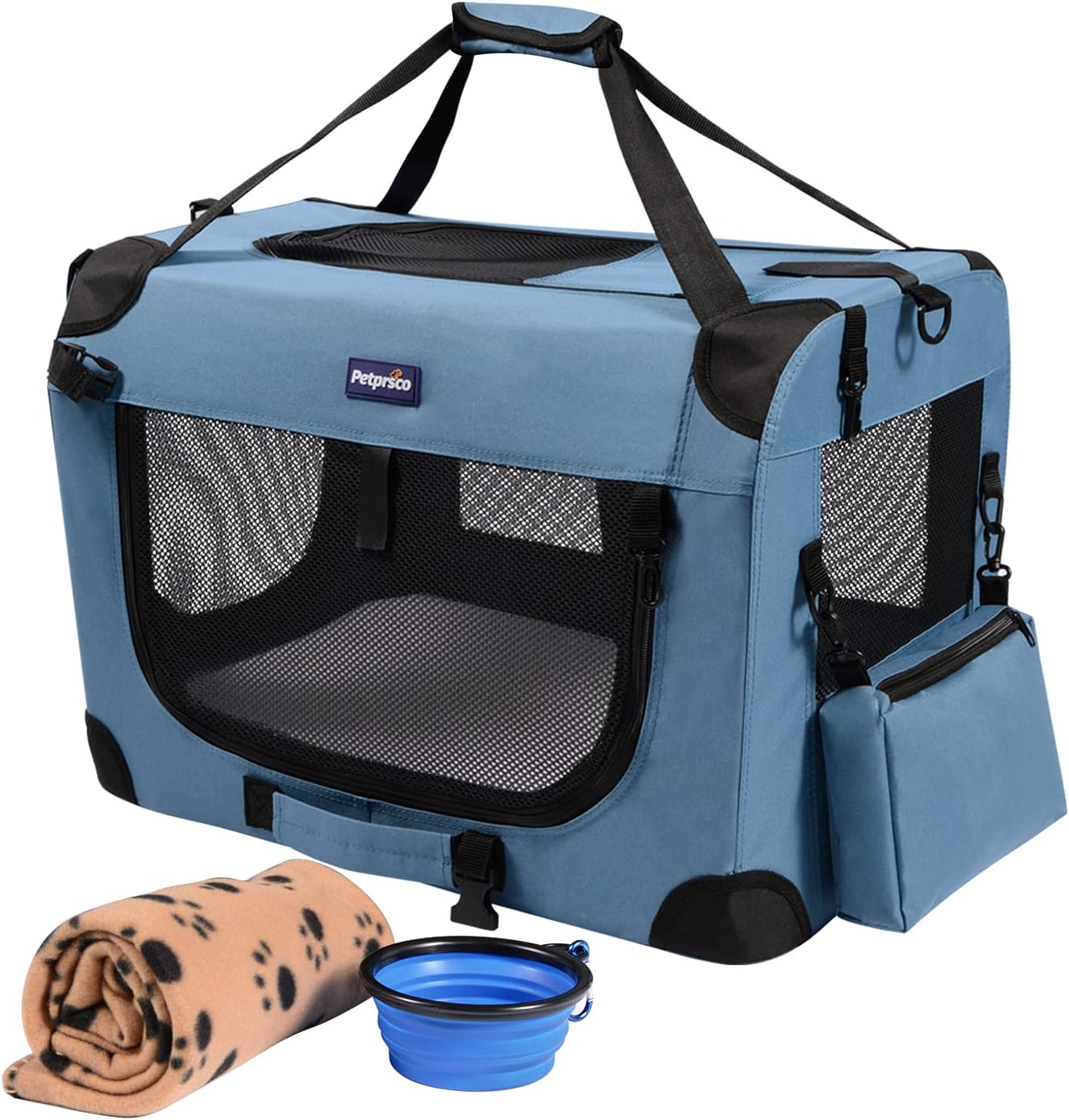 Petprsco Portable Collapsible Dog Crate, Travel Dog Crate 24x17x17 with Soft Warm Blanket and Foldable Bowl for Large Cats & Small Dogs Indoor and Outdoor