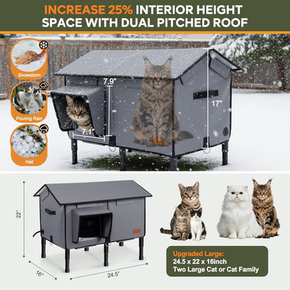 Gimars Upgraded Pitched Roof Indestructible Heated Cat House for Outdoor Cat with Safe Escape Door, 100% Weatherproof Winter Cat Shelter 5.1" Elevated Insulated Stray Feral Cat House with Soft Heater