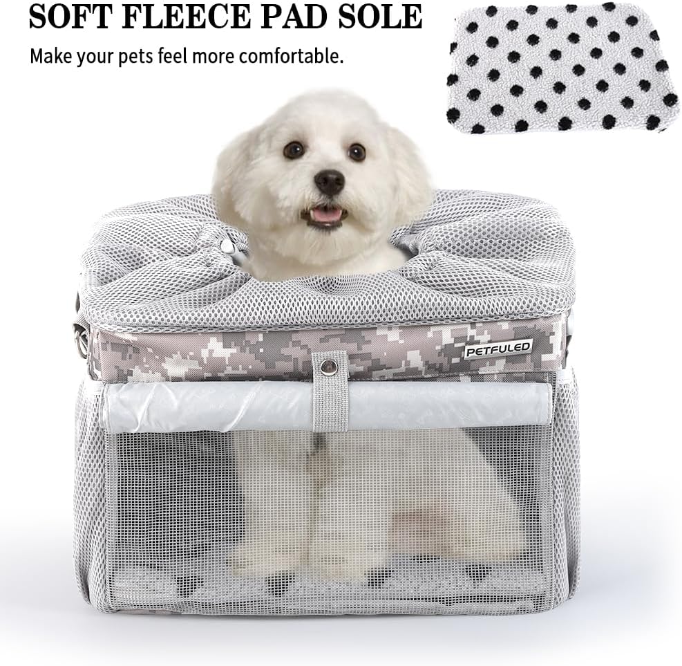 Dog Bike Basket, Pet Bicycle Carrier, Dog Car Seat with Safety Rope, Adjustable Shoulder Strap Portable Breathable Bicycle Basket Bag for Dogs and Cats Up to 15lbs