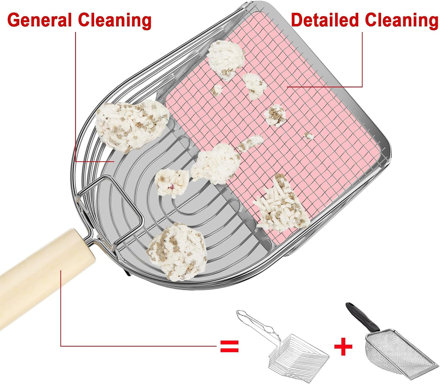Ownpets Iron Metal Cat Litter Scoop, Heavy Duty Kitty Litter Scooper & Speed Sifter to Catch Small & Large Clumps, with Eucalyptus Wood Handle, Non-Stick Deep Shovel for Effective cleanup