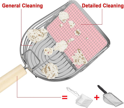Ownpets Iron Metal Cat Litter Scoop, Heavy Duty Kitty Litter Scooper & Speed Sifter to Catch Small & Large Clumps, with Eucalyptus Wood Handle, Non-Stick Deep Shovel for Effective cleanup