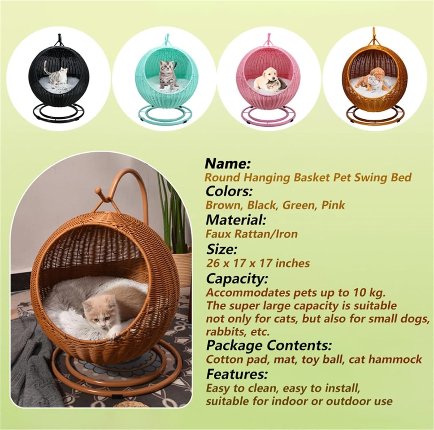 Cat Swing Bed with Cushion Indoor Outdoor Wicker Hanging Cat Bed for Dogs, and Small Animals pet Egg Chair for Living Rooms, Bedrooms, Patios, or Gardens(Brown)