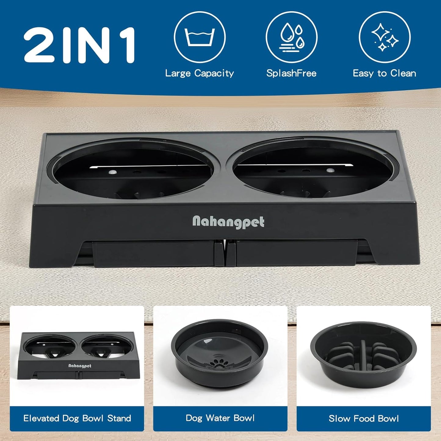 2-in-1 Elevated Slow Feeder Dog Bowls for Food and Water, 5 Heights Adjustable Raised Dog Bowls, Non-Slip, No Spill, for Small Medium Large Dogs and Cats(Grey)