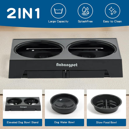 2-in-1 Elevated Slow Feeder Dog Bowls for Food and Water, 5 Heights Adjustable Raised Dog Bowls, Non-Slip, No Spill, for Small Medium Large Dogs and Cats(Grey)