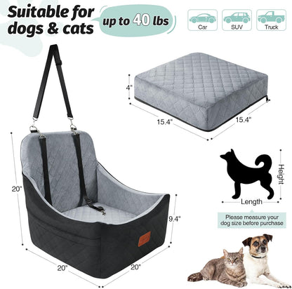Dog Car Seat for Medium Dogs Up to 40lbs,Fully Detachable and Washable,Memory Foam Covered Soft Fabric,Easy to Install with Adjustable Straps,Anti-Slip Base,2 Side Pockets(Black/Grey,Medium)