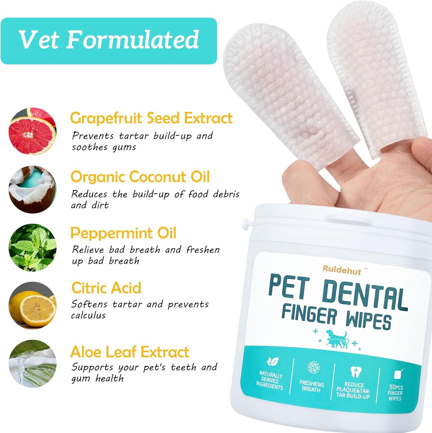 Dog Dental Kit, Dental Powder Contains Probiotics That Solve Bad Breath Through Internal Digestion, Finger Wipes Remove Plaque and Tartar from The Surface (50 Count & 7.05oz)