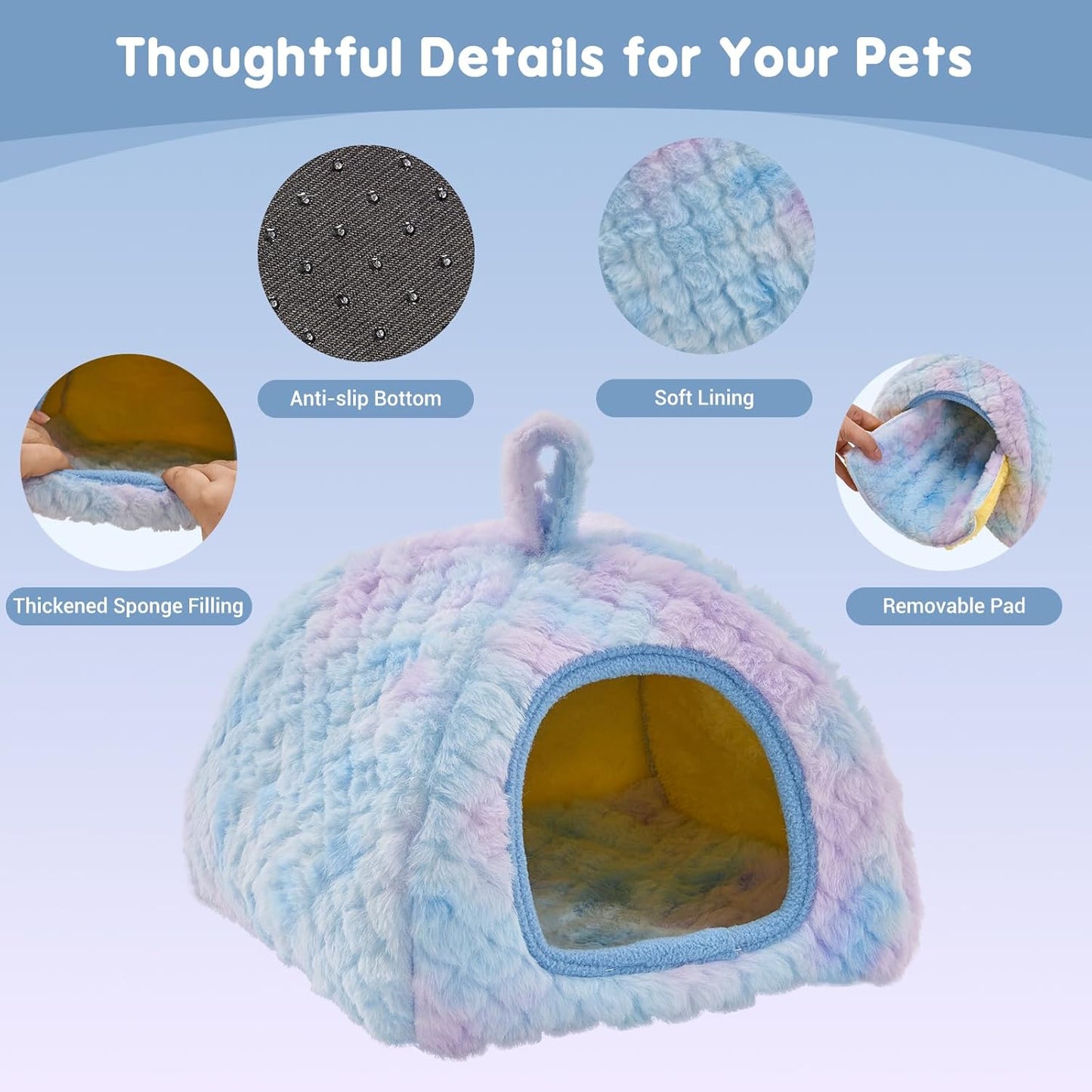 Avont 2 Pack Guinea Pig Hideout Bed and Tunnel Toys Set with Curtain, Washable Soft Plush Bunny Hideaway House Tube Cage Accessories for Small Animal Pet, Rabbits Chinchilla Hamster Ferret Rat -Blue