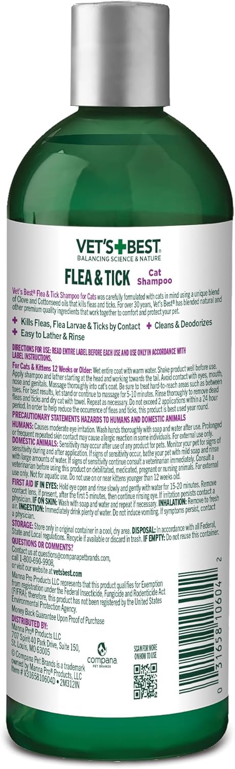 Vet’s Best Natural Flea and Tick Shampoo for Cats – Plant-Based Formula with Certified Essential Oils – Cat-Safe Flea Bath and Pest Control Treatment – Gentle and Effective – 12 oz Bottle