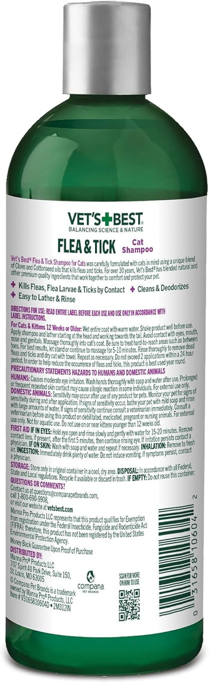 Vet’s Best Natural Flea and Tick Shampoo for Cats – Plant-Based Formula with Certified Essential Oils – Cat-Safe Flea Bath and Pest Control Treatment – Gentle and Effective – 12 oz Bottle