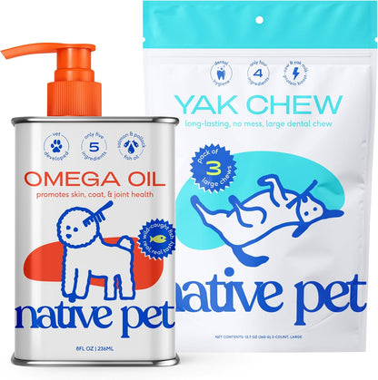 Native Pet Omega Oil for Dogs - Dog Fish Oil Supplements 8 Oz & 3 Large Yak Chews for Dogs | Pasture-Raised and Organic Yak Cheese Himalayan Churpi Chews