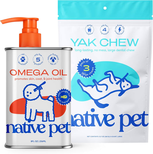 Native Pet Omega Oil for Dogs - Dog Fish Oil Supplements 8 Oz & 3 Large Yak Chews for Dogs | Pasture-Raised and Organic Yak Cheese Himalayan Churpi Chews
