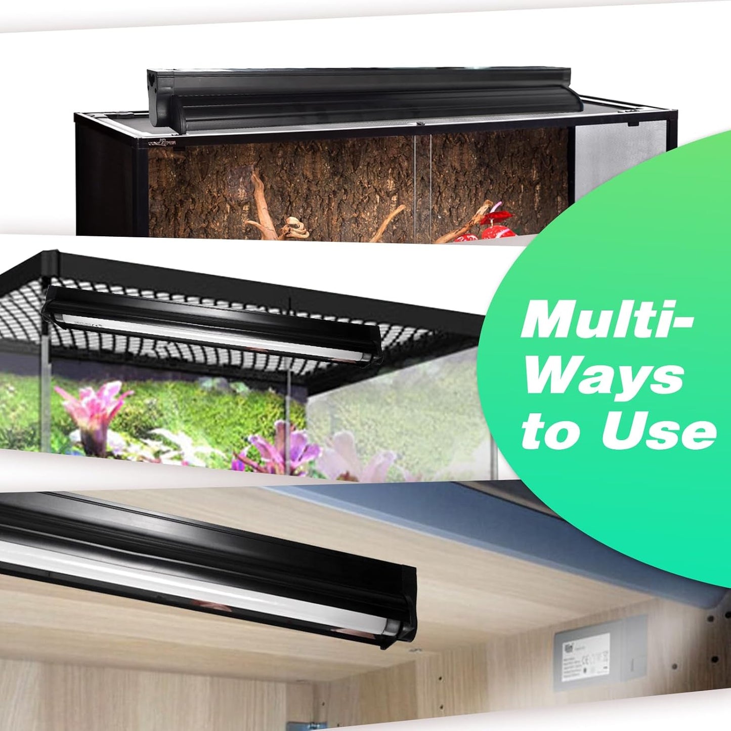 Hypool T8 Strip UVB UVA Reptile Lighting Fixture with 18-Inch 15 Watt UVB 10.0 Fluorescent Bulb Combo Kit, 10-Percent UVB Desert Pet Habitat Light for Reptiles Amphibian Black