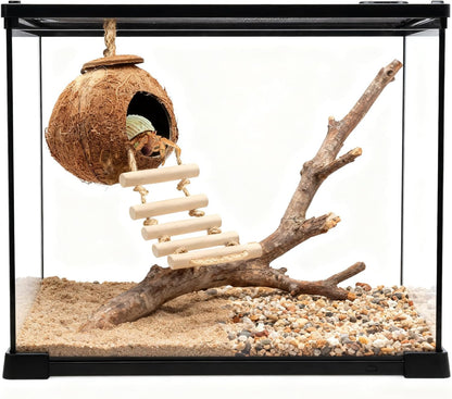 Gecko Tank Accessories Natural Coconut Shell Hut with Climbing Ladder & Suction Cup Hermit Crab Toys Reptile Hideout for Leopard Gecko Snake Lizard and Small Pets Habitat Decor