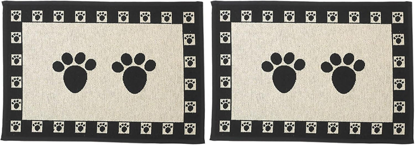 PetRageous 12049 Paws Jumbo Tapestry Dog and Cat Non-Skid Machine Washable Placemat for Pet Feeding Areas with Rubber Backing 18-Inch by 28-Inch for Dogs and Cats, Black and Natural (Pack of 2)