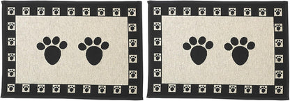 PetRageous 12049 Paws Jumbo Tapestry Dog and Cat Non-Skid Machine Washable Placemat for Pet Feeding Areas with Rubber Backing 18-Inch by 28-Inch for Dogs and Cats, Black and Natural (Pack of 2)