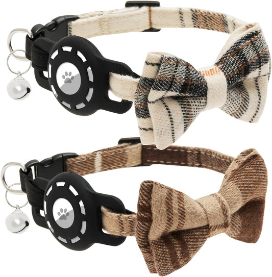 Cat Collar with Airtag Holder, 2 Pack Bow Tie Cat Collars with Bells for Boy and Girl Cats & Kitten Indoor Outdoor, Adjustable Soft Cute Pet Collars