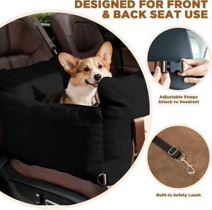 Small Dog Car Seat, Waterproof Pet Booster Seat for Car with Side Handles and a Storage Pocket, Clip-On Safety Leash and PP Cotton Filling, Vehicle Bed for Small to Medium Dogs up to 25lbs (Black)