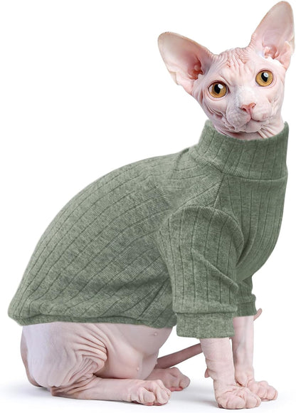 Idepet Sphynx Hairless Cats Sweater Shirt Kitten Soft Puppy Clothes Pullover Cute Cat Pajamas Jumpsuit Cotton Apparel Pet Winter Turtleneck for Cats and Teacup Chihuahua Small Dogs(Green,XS)