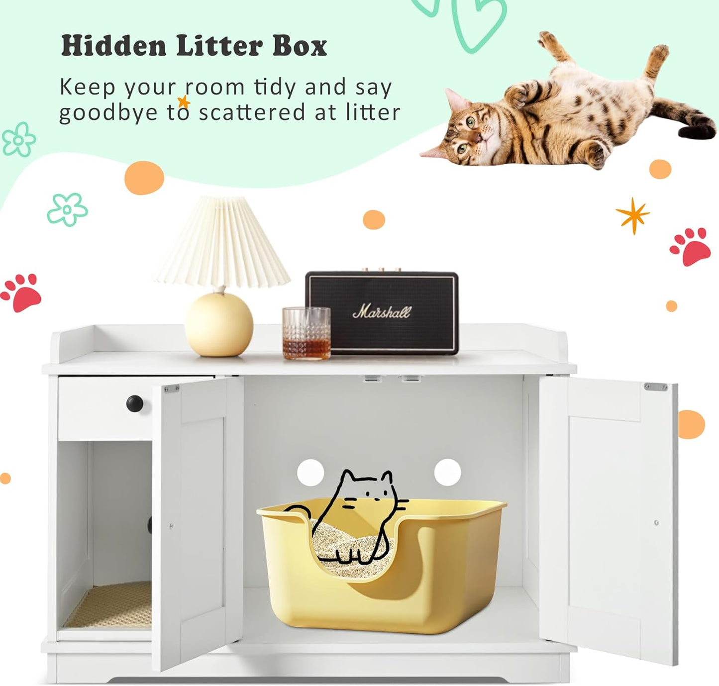 Merax Farmhouse Hidden Cat Litter Box Enclosure with Barn Door & Mat, Wooden Cat Washroom Furniture with Litter Box,Cat House with Storage Drawer Side Table Cabinet for Living Room, White