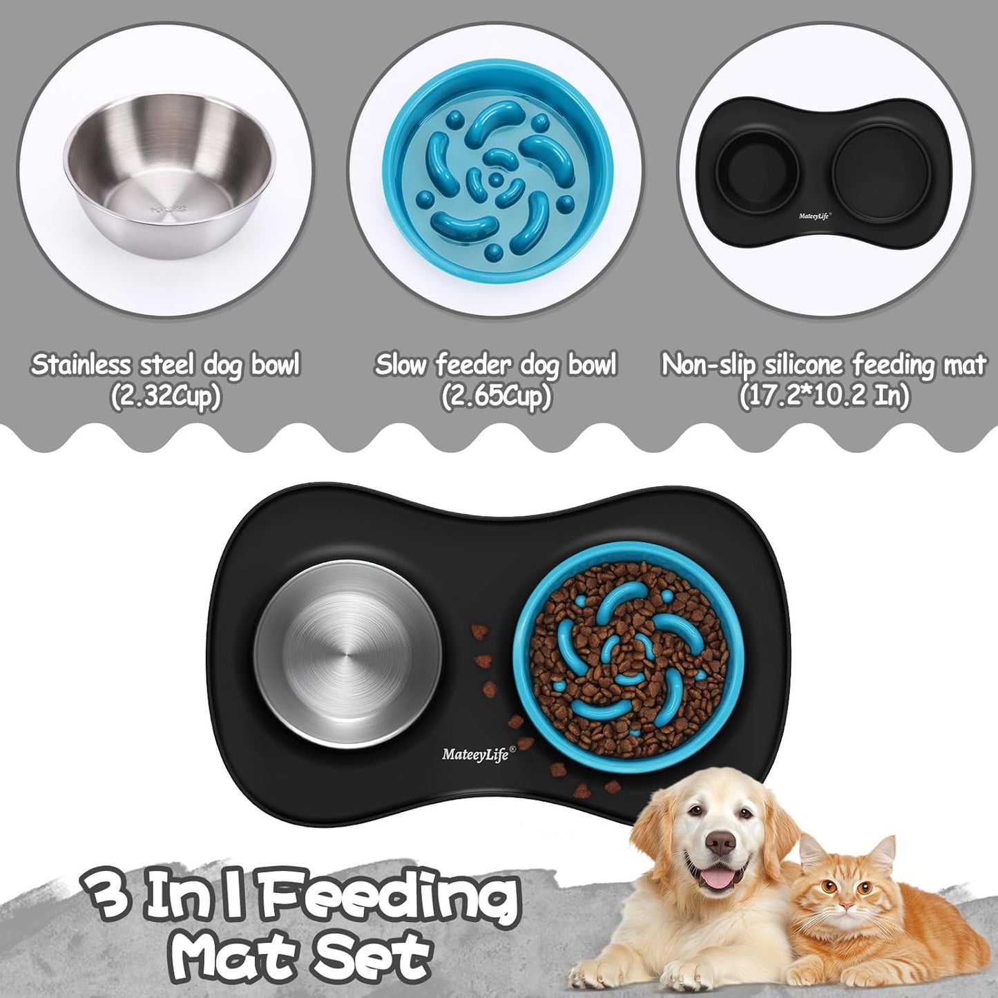 MateeyLife Dog Food and Water Bowl Set 3 in 1, Dog Bowls Slow Feeder & Stainless Steel Water Bowl with Non-Spill Silicone Mat, Cat and Puppy Bowls Pet Dishes for Small Medium Large Breed Anti-Choking