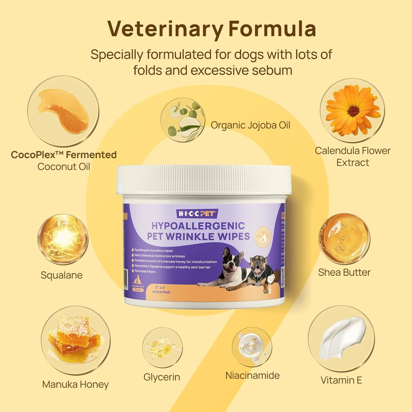 HICC PET Wrinkle Wipes, Vet-Recommended Dog Wipes Cleaning Deodorizing, Soothes Redness & Odor, Prevents Infections, Tear Stain Remover, Gentle for French Bulldogs, Pugs, English Bulldogs (100 Counts)